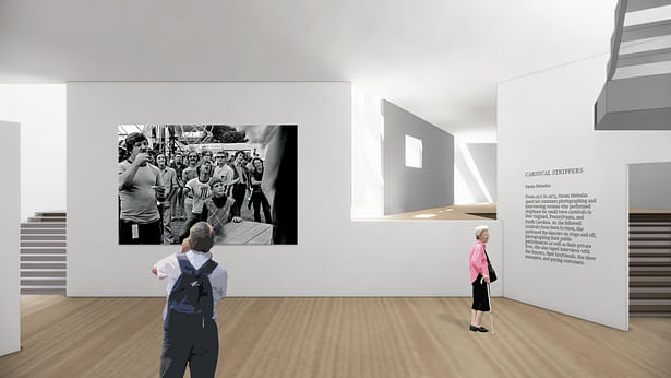 Instead of experiencing galleries in a sequence of clusters housed in individual rooms, the project sporadically disperses what is viewed in the confines of its space. Within a chaotic explosion of gallery walls are embedded moments of optimal viewing, tailored to the human field of vision, allowing one to simultaneously see several works of photography from multiple distances at multiple scales.