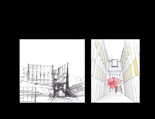 Initial sketch of the Building, sketch of Library double height space