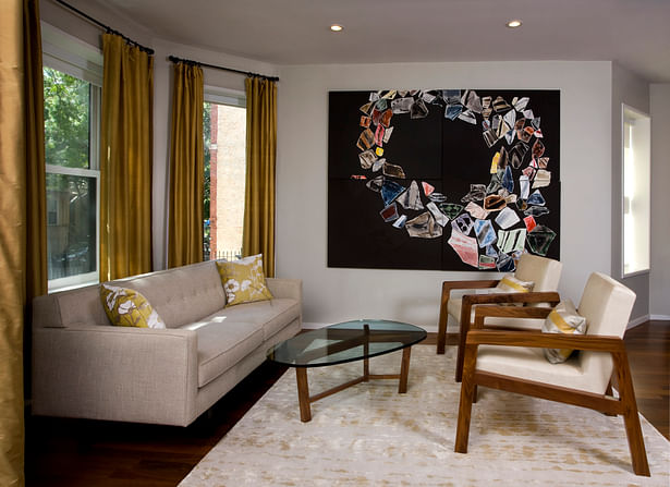 Custom chairs and table. Artwork by Leslie Baum. Sofa by Room and Board.