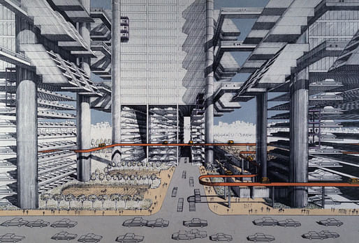 Rendering of Robert Moses' dystopian-looking (and never realized) LOMEX Lower Manhattan Expressway proposal. Image: Paul Rudolph/Library of Congress.