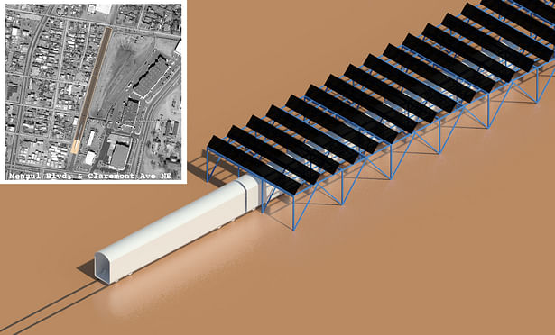 Solar Array Canopy; An energy infill project that proposed utilizing land above train tracks for solar collection.