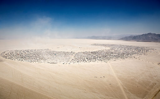Aerial view of Burning Man gathering at Black Rock City, 2012. Photo by Scott London.