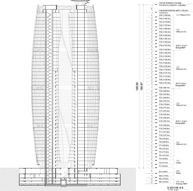 Leeza SOHO, Section AA through Atrium. Image courtesy of Zaha Hadid Architects.