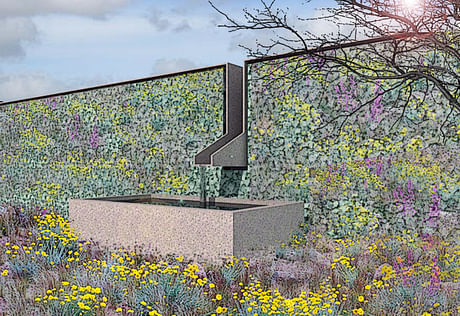 gabion wall (version 3) with corten steel cap and integrated fountain. One of three versions for the schematic phase for a residential landscape design... 