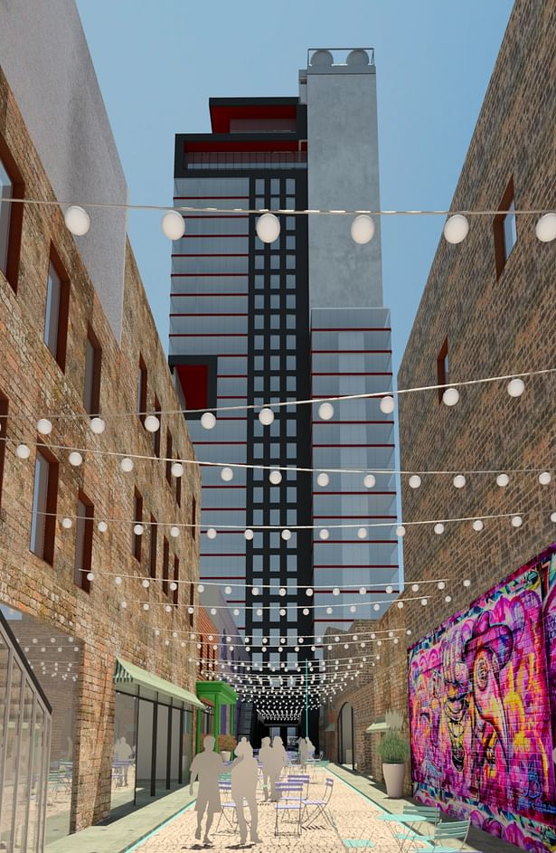 Night time design concept for the alley being extended through the building's arcade