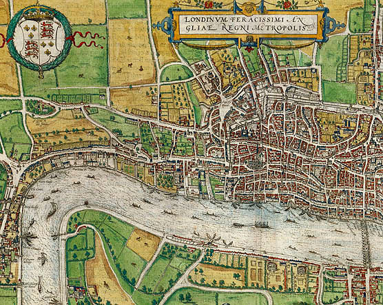 London, from Civitates Orbis Terrarum. Hand-colored engraving, 1574. Shelfmark MAP L85c no.27. Shelfmark MAP L85c no.27.