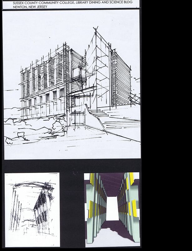 Initial sketch of the Building, sketch and computer model of Library double heightspace