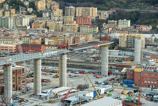Construction photo of the new Genoa Bridge in mid-February 2020. Image via PerGenova/Salini Impregilo on Facebook.