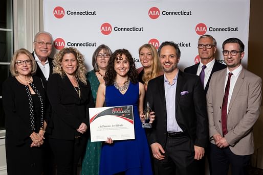 From left: Susan Hoffmann, John Hoffmann FAIA, Cindy Lattanzio, Donna Rehm-McCabe, Alison Hoffmann, Kelsey Greenleaf, Avi Kamrat, Russell Sanders AIA, and Guilherme Pinho at the AIA Connecticut Gala.