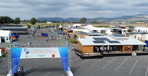 Aerial view from the 2015 U.S. Department of Energy Solar Decathlon at the Orange County Great Park in Irvine, California. (Credit: Thomas Kelsey/U.S. Department of Energy Solar Decathlon)