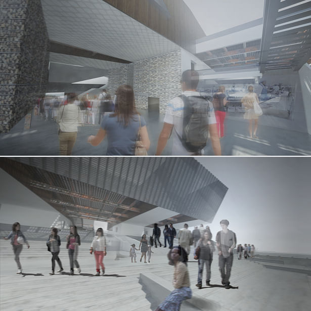 Crowds visiting the market in the tall, semi-enclosed Depot can peer into the fish-processing center or up to the sky. The performances of New Bedford harbor are on view from the Arena steps where residents and tourists can sit under the canopy of the cantilevered seafood restaurants.