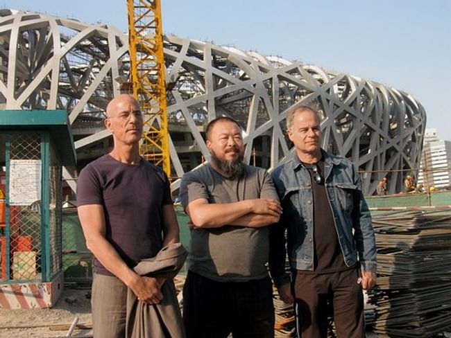 Jacques Herzog and Pierre de Meuron with artist Ai Weiwei in front of Beijing's Bird's Nest.