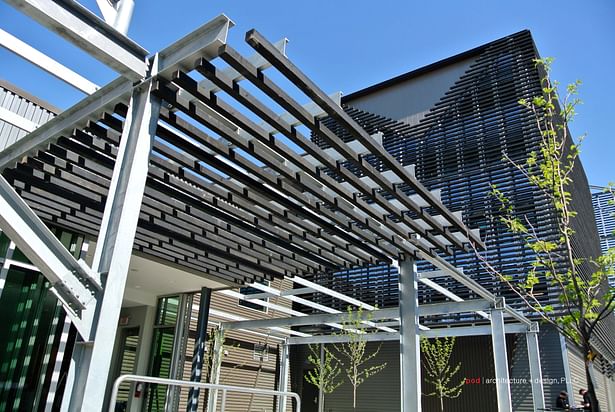 Steel removed from a old, repurposed warehouse on the urban site is now a trellis.