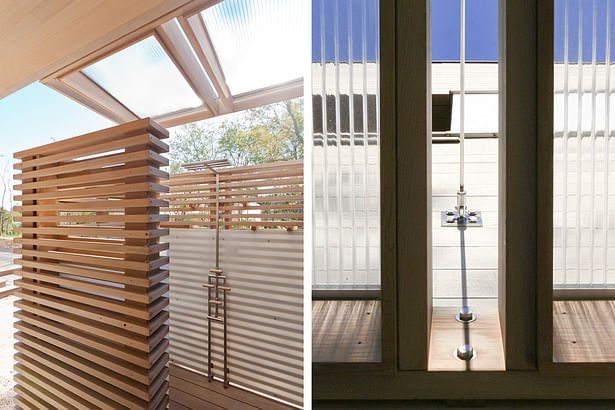 Outdoor Shower with Cedar Slats, Acrylic Privacy Panels, and Polycarbonate Canopy