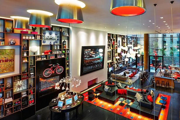 View from mezzanine of the stylish lobby with its vibrant color palette; Photography by Adrian Gaut