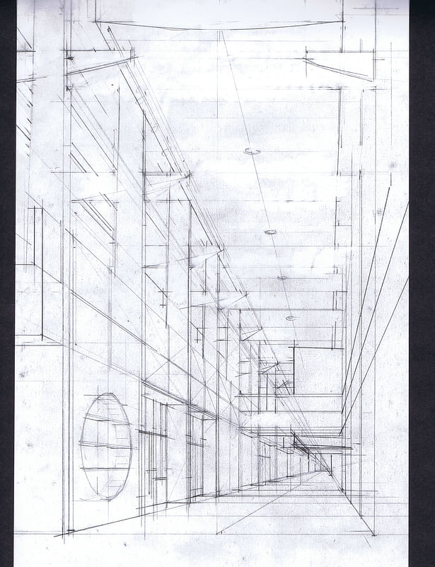 Perspective sketch of an interior 'main street'
