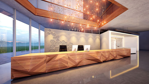 The long wooden sculptured reception desk, underneath the void which connects the visitor visually to the first floor meeting pods. The backdrop of the reception is a leave pattern embossed concreted wall. The visitor will automatically be drawn towards the bright experience tunnel on the right.