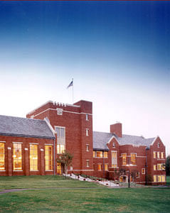 Front exterior view of the Science and Mathematics Center; new Learning Center in foreground
