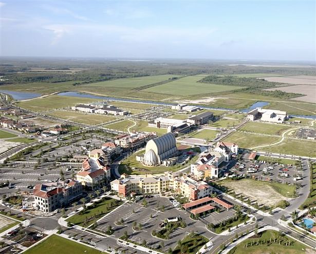 Aerial view of campus over Ava Maria Town Center and Oratory.