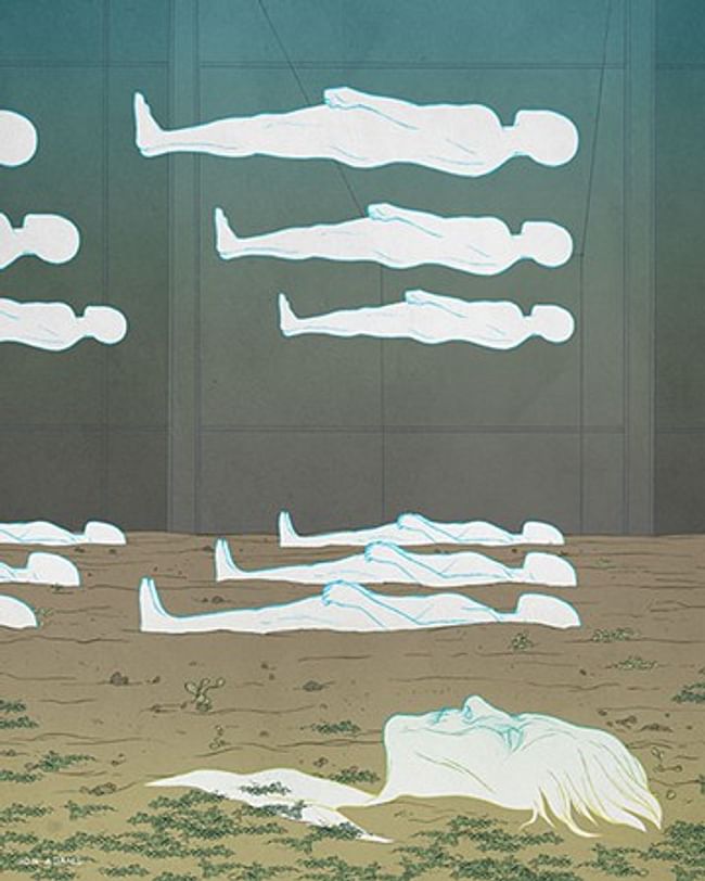 Within the decomposition chamber, each body would be separated from bodies above and below it by several feet of wood chips, straw, and other organic material. Illustration by Jon Adams, via thestranger.com.