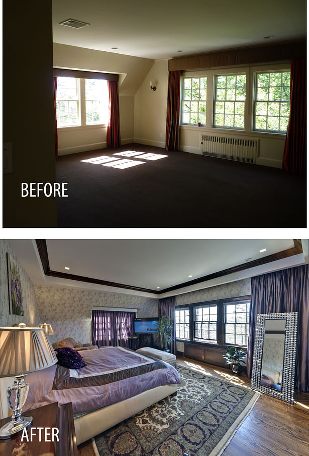 A former Family Room on the 2nd level converted to a Master Bedroom. Adjacent spaces formed a new Master Bath and Dressing Room.