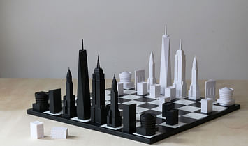 A chess set that forms the New York City skyline