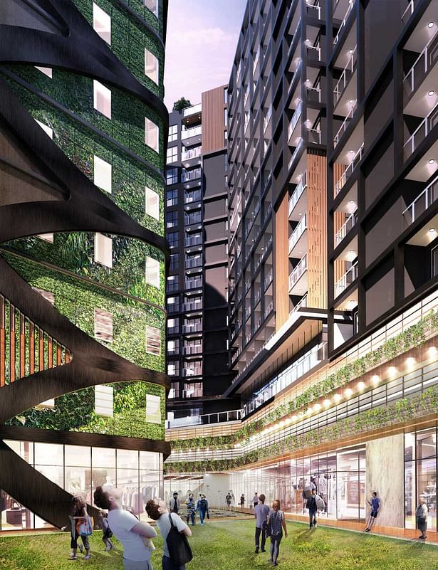Atrium showing elevated green space and elements 