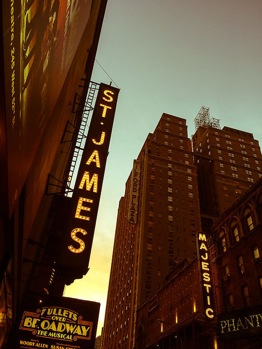 Signage of St. James theater in New York City. Photo: Davis Staedtler/<a href="https://www.flickr.com/photos/voxaeterno/14237539321">Flickr</a>.