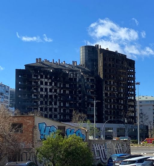 The residential complex in Valencia after the February 2024 fire. Image credit:<a href="https://en.wikipedia.org/wiki/2024_València_residential_complex_fire#/media/File:Incendio_Campanar_23-2-2024.jpg">Wikimedia user Agspp licensed under CC BY-SA 4.0</a>