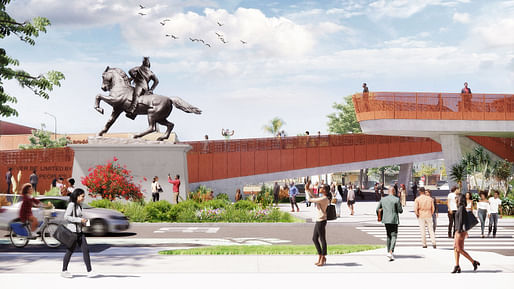 View of Destination Crenshaw’s Sankofa Park with Kehinde Wiley’s Rumors of War figure in the location of his planned Destination Crenshaw sculpture, which will be a bookend to Rumors of War and feature a female figure. Rendering by Perkins&Will, courtesy of Destination Crenshaw.