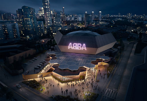 Rendering of the Stufish-designed temporary venue for the ABBA Voyage concert on Pudding Mill Lane in London. Image courtesy ABBA Voyage
