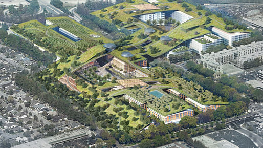The project, slated to be the world's largest green roof, would include a 3.8 mile trail network, organic gardens, and an amphitheater, among other features. Credit: Sand Hills Property Co.
