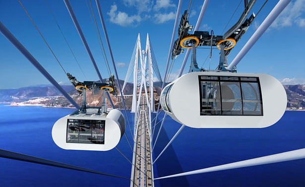 View of the cable cars as they cross the bridge