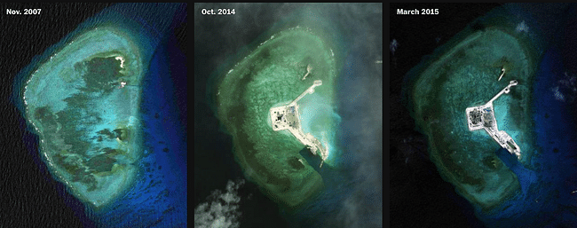 The Gaven Reef currently measures about 300 by 250 meters. Credit: CSIS Asia Maritime Transparency Initiative/DigitalGlobe via Washington Post