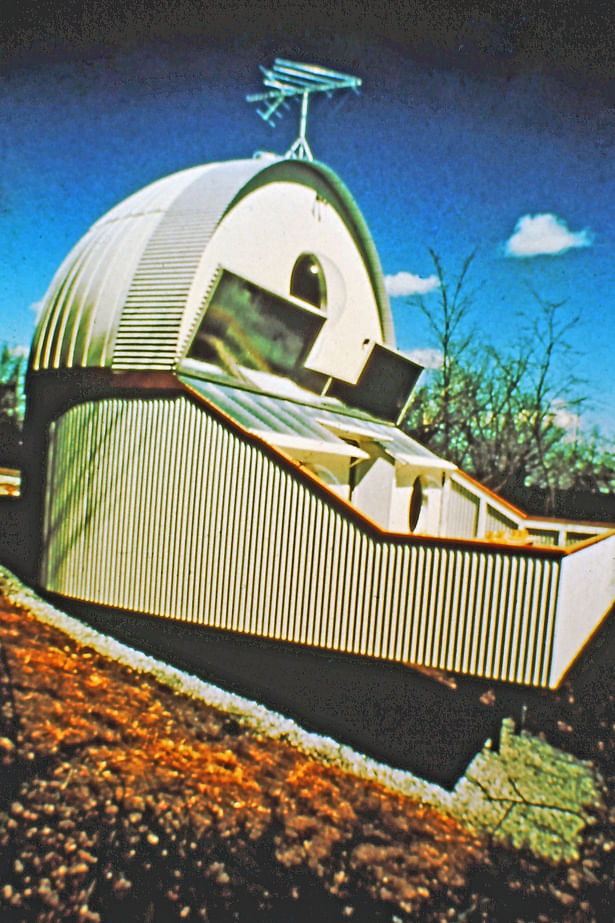 A solar powered vacation house 1973, made from steel agricultural components.