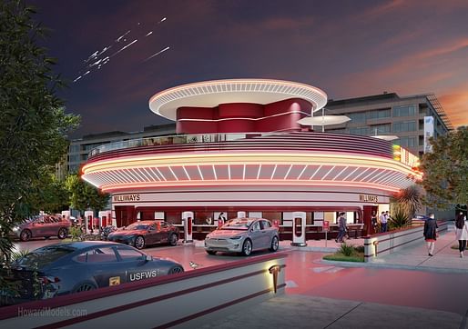 Speculative rending of Tesla's proposed diner, drive-in movie theater, and supercharger station by Ed Howard. Rendering courtesy @HowardModels/Twitter.