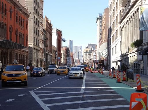 New protected bicycle lane on Lafayette near the PPS office (Project for Public Spaces; Photo by Clémence Morlet)