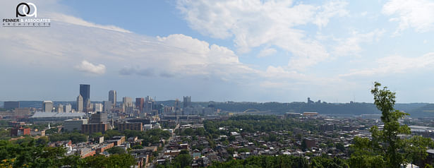 The balcony has glass guards to ensure that the one-in-a-million view is never blocked, even when sitting. The floor above overhangs to provide cover and block harsh summer sun, while allowing low winter warmth. The site offers a spactacular view, not only of downtown Pittsburgh, but of all of the north shore in the foreground, and a good bit up and down the rivers.