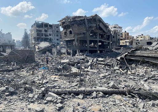 A destroyed Gaza city block following an Israeli airstrike on October 9, 2023. Image courtesy Palestinian News & Information Agency (Wafa) in contract with APAimages, via Wikimedia Commons. (<a href="https://commons.wikimedia.org/wiki/File:Damage_in_Gaza_Strip_during_the_October_2023_-_32.jpg">CC BY-SA 3.0 DEED</a>)