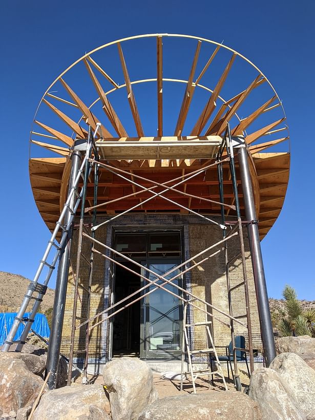 Detail of elliptical cantelever roof framing.