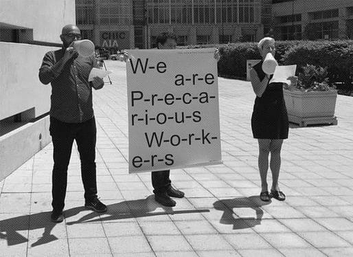 Architecture Lobby members Quilian Riano and Peggy Deamer stage a performance of the organization’s 10-point manifesto at the 2014 AIA National Convention. Courtesy Quilian Riano 2016.