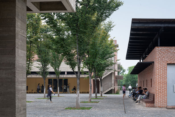 Eaves and seats around zelkova tree square©Su Shengliang