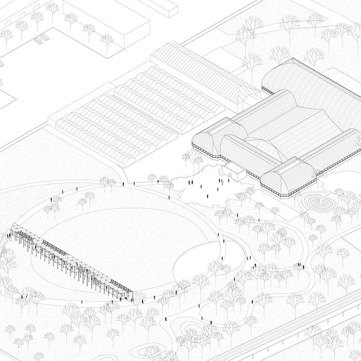 Axonometric view of the proposed pavilion adjacent to the Garfield Park Conservatory. Courtesy Dellekamp Arquitectos.