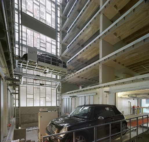 By parking cars automatically, The Lift in Philadelphia can have twice as many stalls (220 on 8 floors) as a conventional parking structure. (The Lift; image via citylab.com)