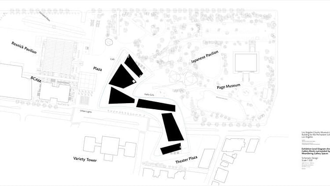 This view of the site plan shows how the galleries would be divided into six separate groupings. (LACMA). Image via latimes.com.