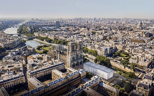 Gensler has unveiled a charred timber pavilion to temporarily fulfill Notre Dame Cathedral's cultural and religious functions. Image courtesy of Gensler. 