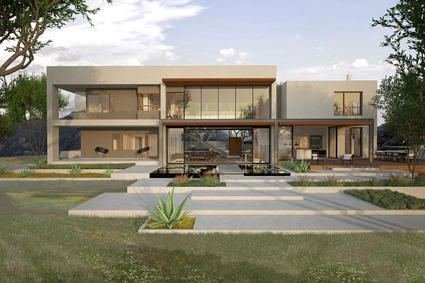 Rear elevation of a house high up in Agoura Hills, where the public spaces open up onto a generous outdoor space. Floor to ceiling glass windows and doors emphasize the public rooms.