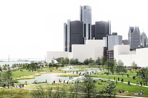 A redevelopment plan for Detroit's East Riverfront by SOM. Image: SOM, City of Detroit Planning and Development Department via urbanomnibus.net.