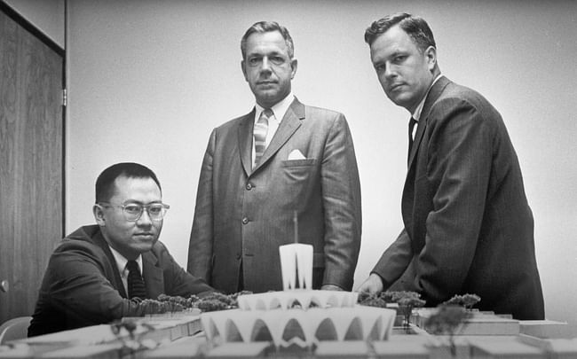 HOK Cofounders with Priory Model. Left to Right- Gyo Obata, George Hellmuth, George Kassabaum. Image Credit- HOK