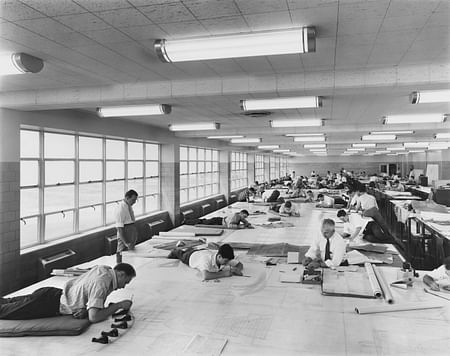 Hedrich-Blessing Photographic Studio, view of the drafting room, 1942, Albert Kahn Associates, Ford Motor Bomber Factory, Willow Run, Michigan, Gift of Federico Bucci © Chicago History Museum.